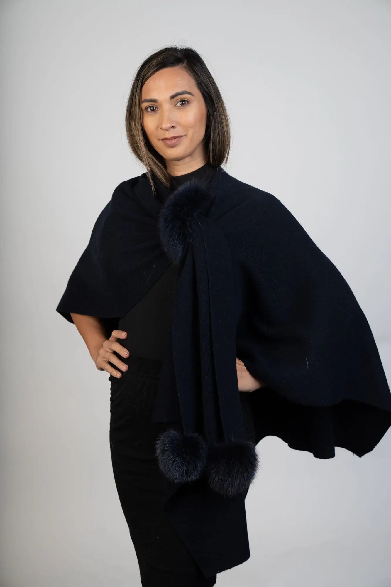 Navy Wool Wrap with Dyed Fox Side Pom-Pom Detail