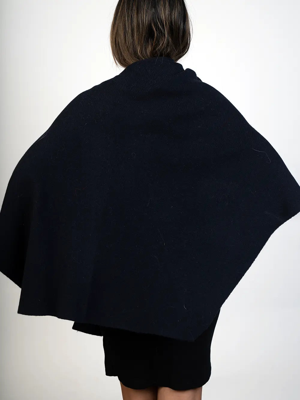 LaBelle Since 1919 Navy Wool Wrap with Dyed Fox Side Pom-Pom Detail