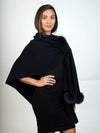 LaBelle Since 1919 Navy Wool Wrap with Dyed Fox Side Pom-Pom Detail