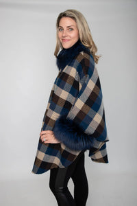 Navy and Beige Square Wool Cape with Dyed Fox Trim