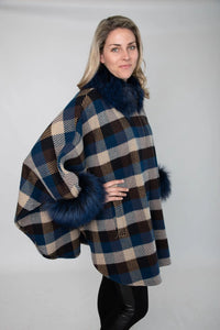 Navy and Beige Square Wool Cape with Dyed Fox Trim