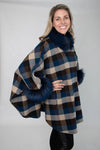 Navy and Beige Square Wool Cape with Dyed Fox Trim