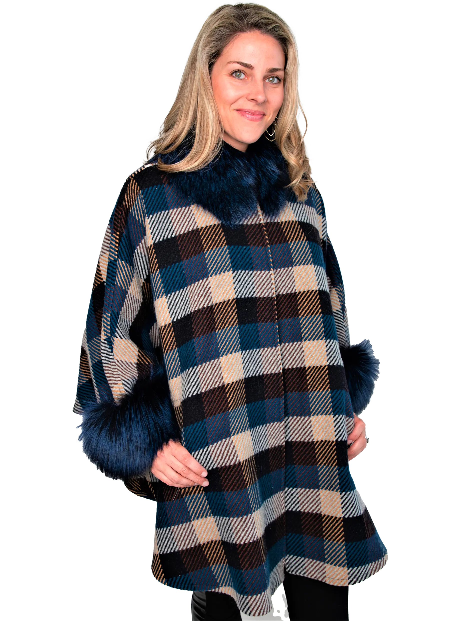 Navy and Beige Square Wool Cape with Dyed Fox Trim