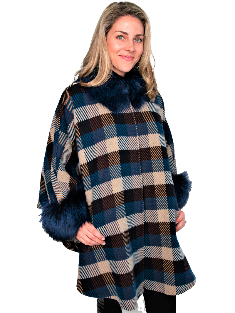 Navy and Beige Square Wool Cape with Dyed Fox Trim