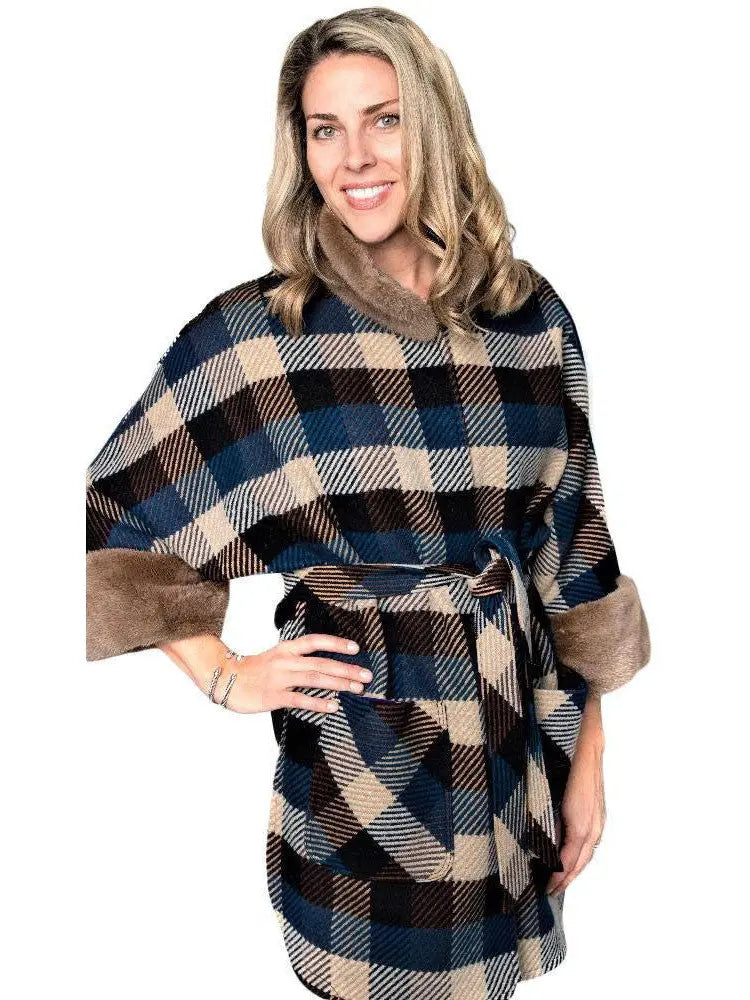 Navy and Beige Wool Cape with Pastel Mink Trim