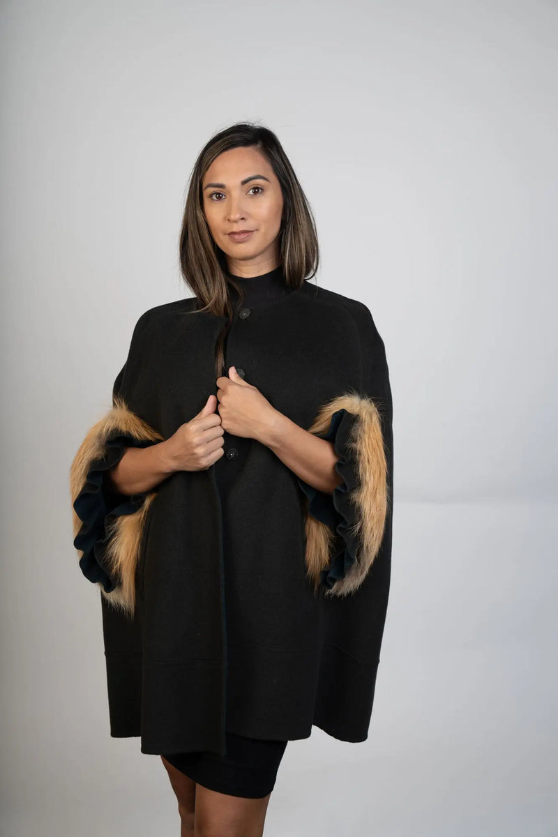 Olive Green Wool Blend Cape with Red Fox Trim