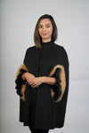 Olive Green Wool Blend Cape with Red Fox Trim