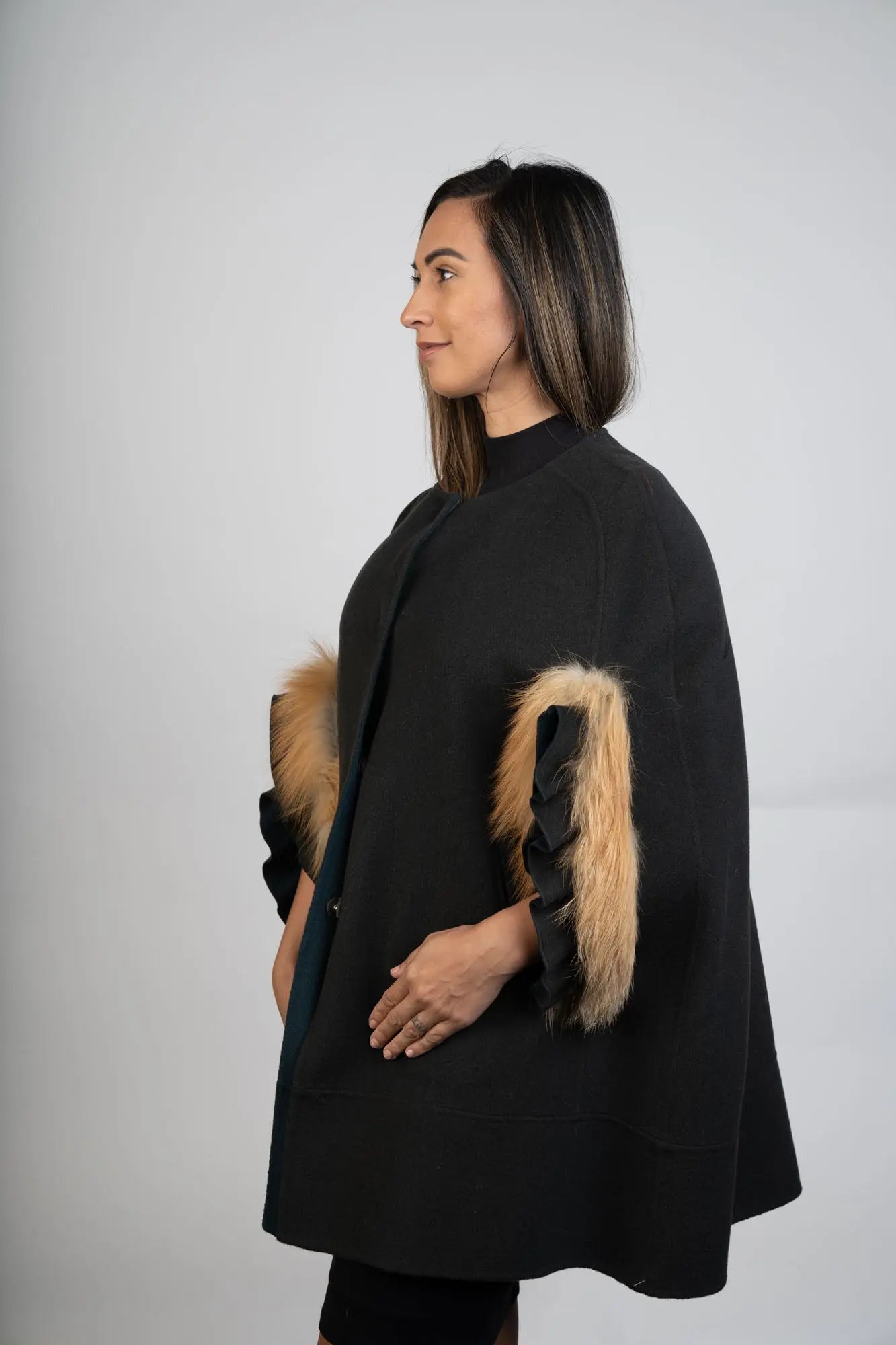 Olive Green Wool Blend Cape with Red Fox Trim