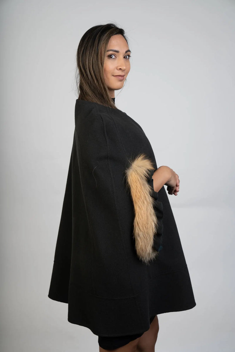 Olive Green Wool Blend Cape with Red Fox Trim