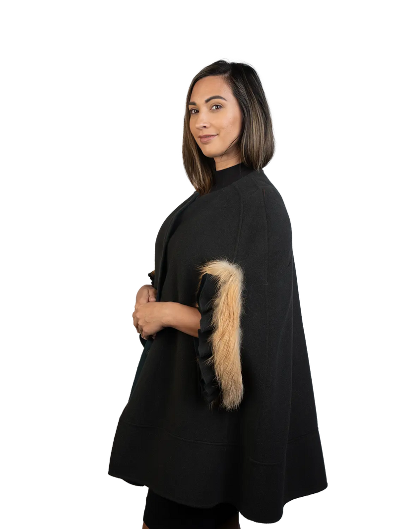 LaBelle Since 1919 Olive Green Wool Blend Cape with Red Fox Trim