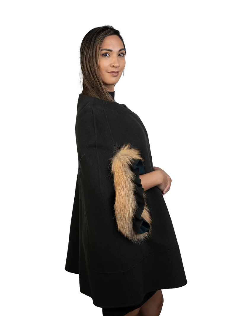 LaBelle Since 1919 Olive Green Wool Blend Cape with Red Fox Trim