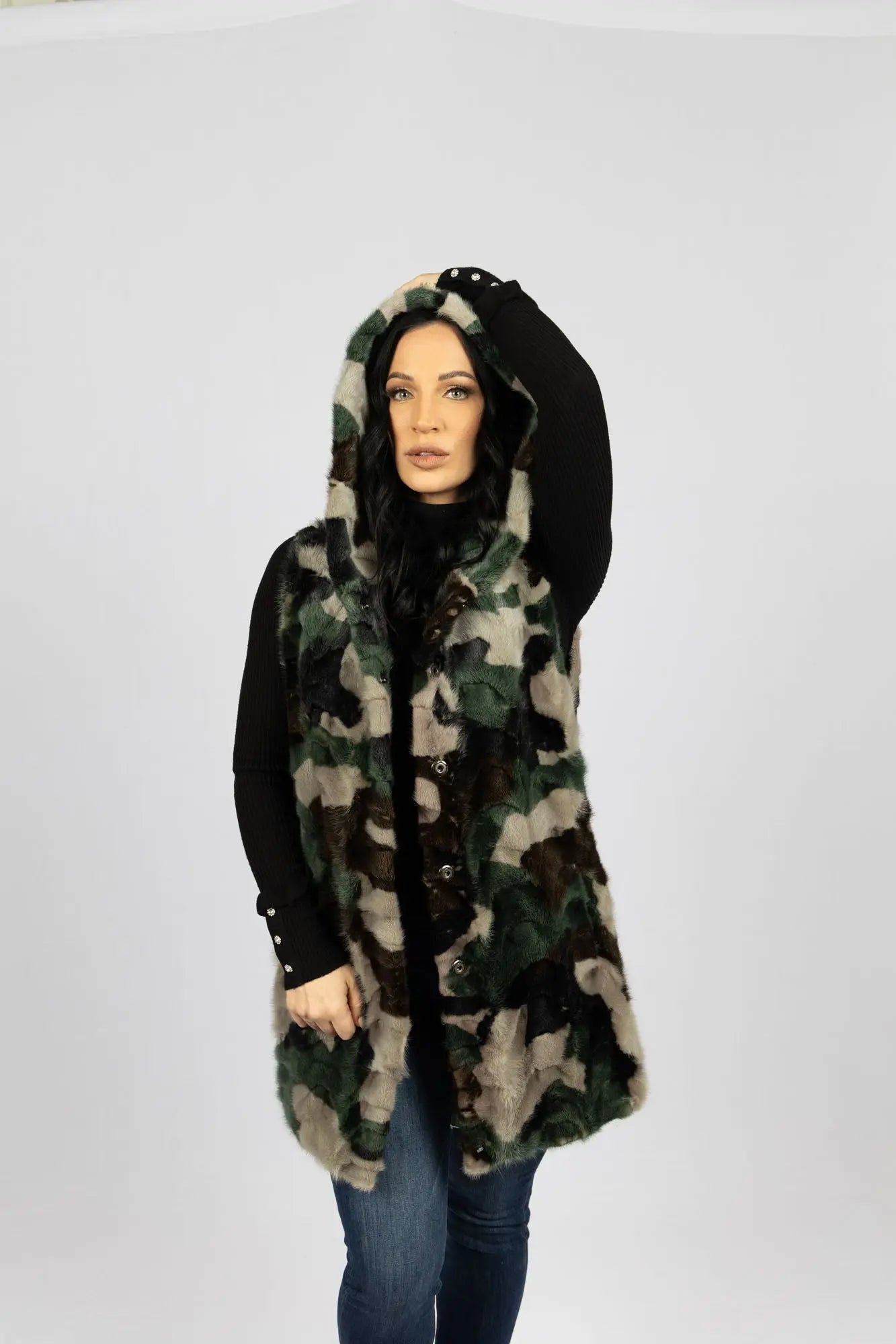 Pieced Mink Camouflage Vest Reversible to Black Taffeta