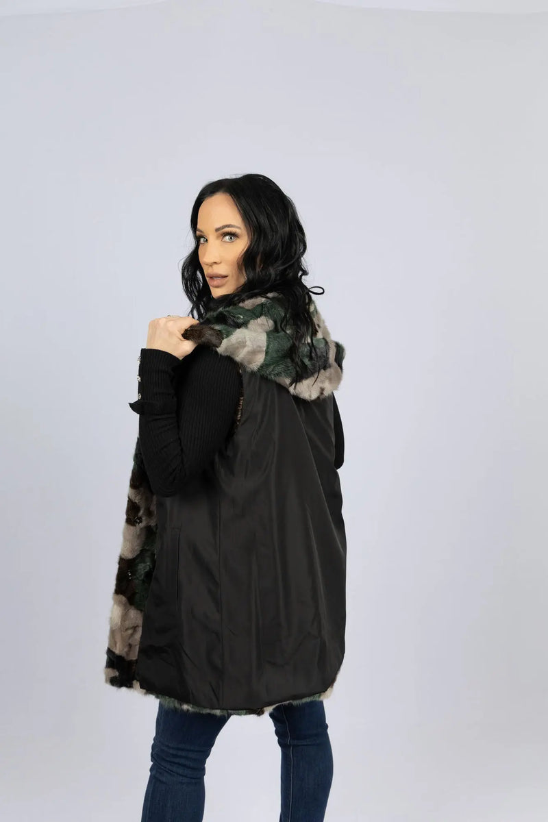 Pieced Mink Camouflage Vest Reversible to Black Taffeta