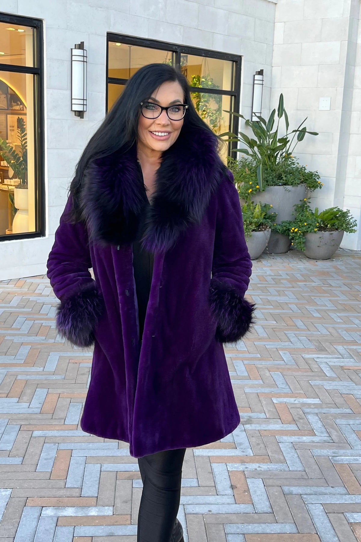 Purple Sheared Mink Stroller W/Purple Dyed Silver Fox Shawl Collar & Cuffs