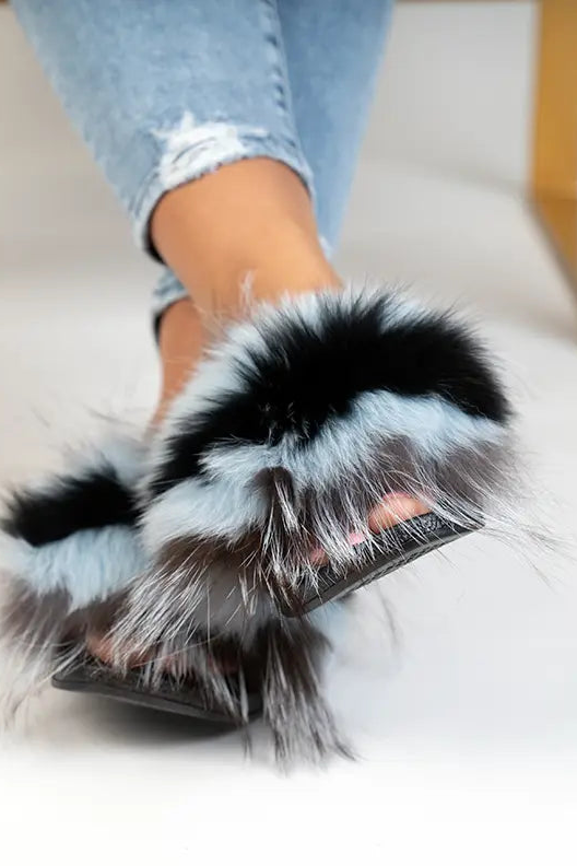 Sky Blue with Black Fox fur trim Fox Slippers – LaBelle Since 1919