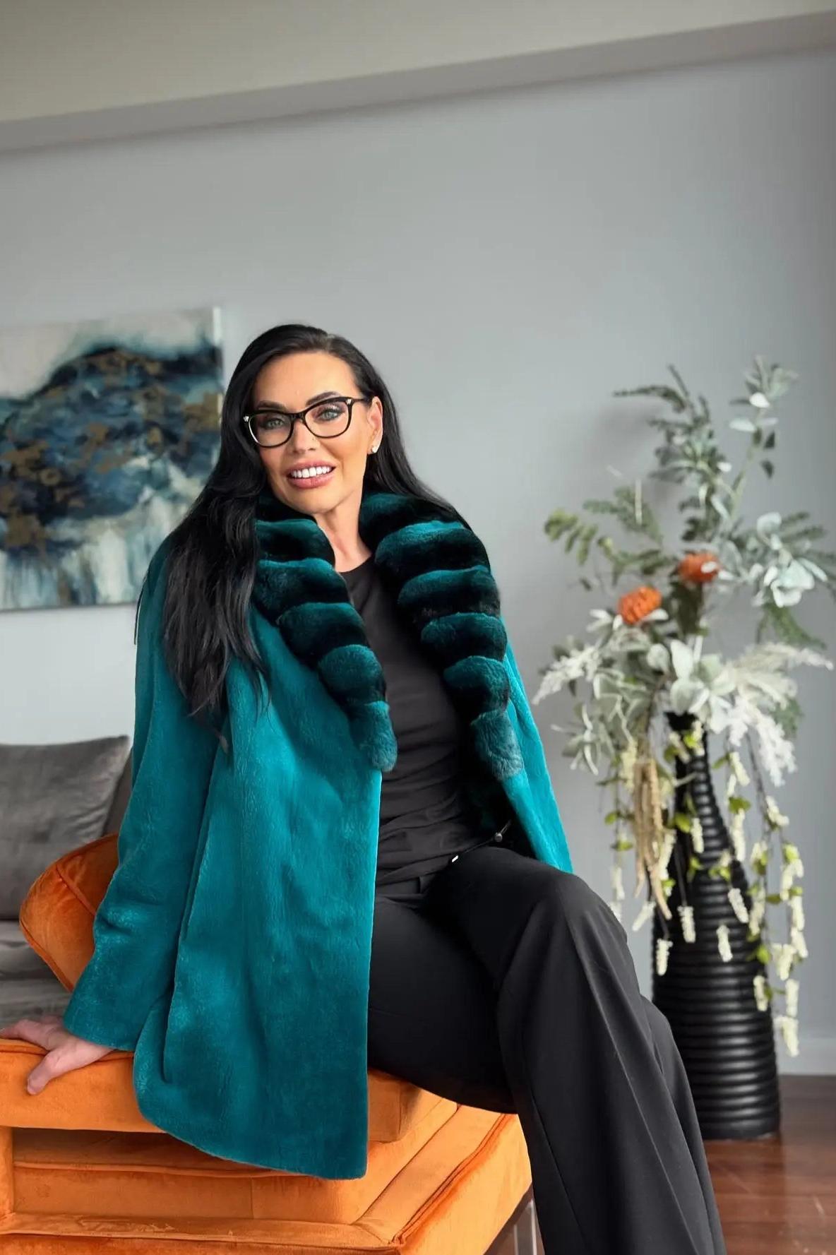 Teal Sheared Mink Jacket with Chinchilla Collar