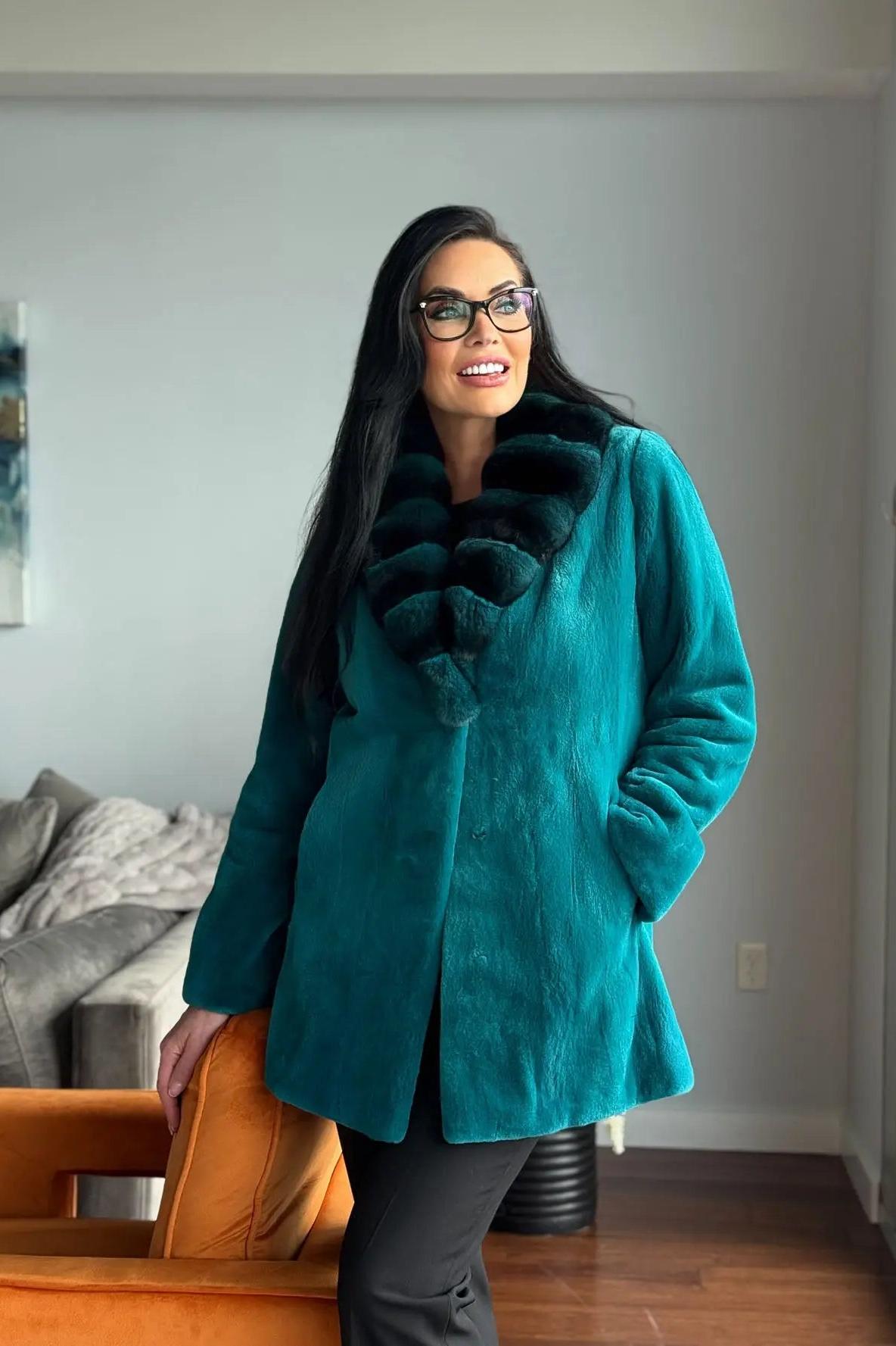 Teal Sheared Mink Jacket with Chinchilla Collar