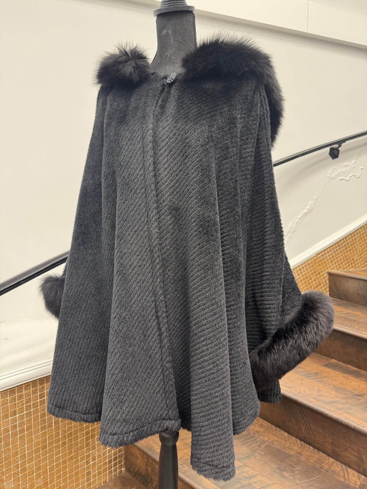 Vintage Black Wool Cape with Fox Trim