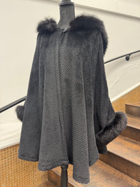 Vintage Black Wool Cape with Fox Trim