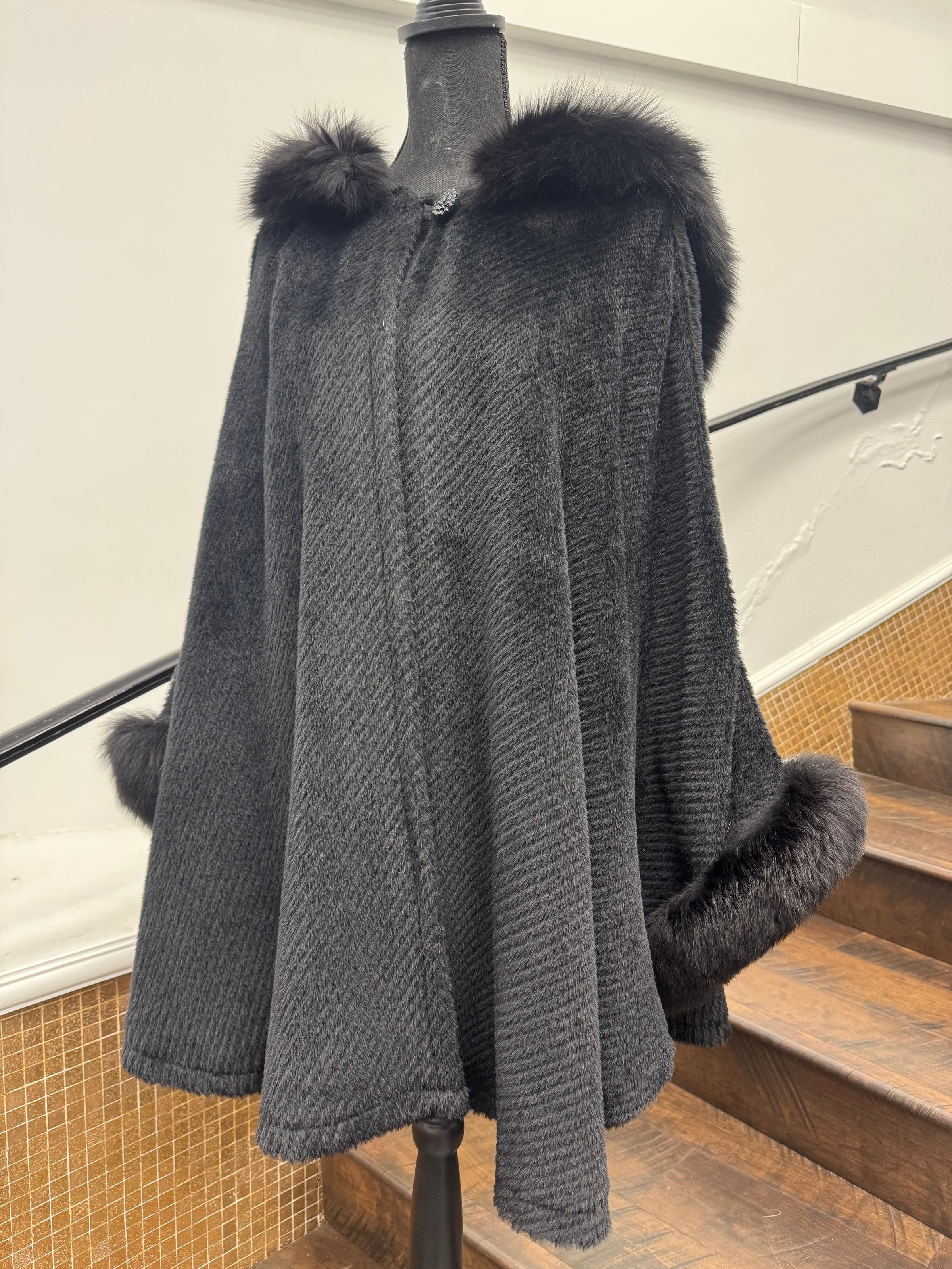 Vintage Black Wool Cape with Fox Trim