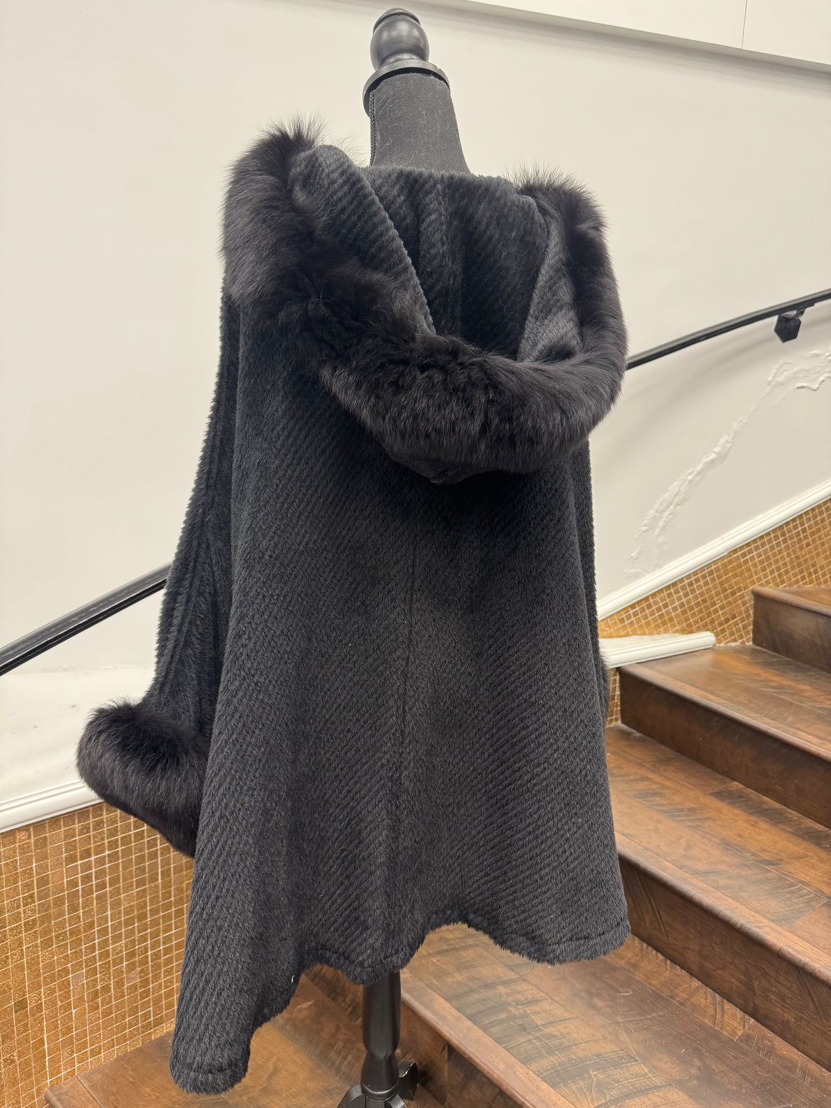 Vintage Black Wool Cape with Fox Trim
