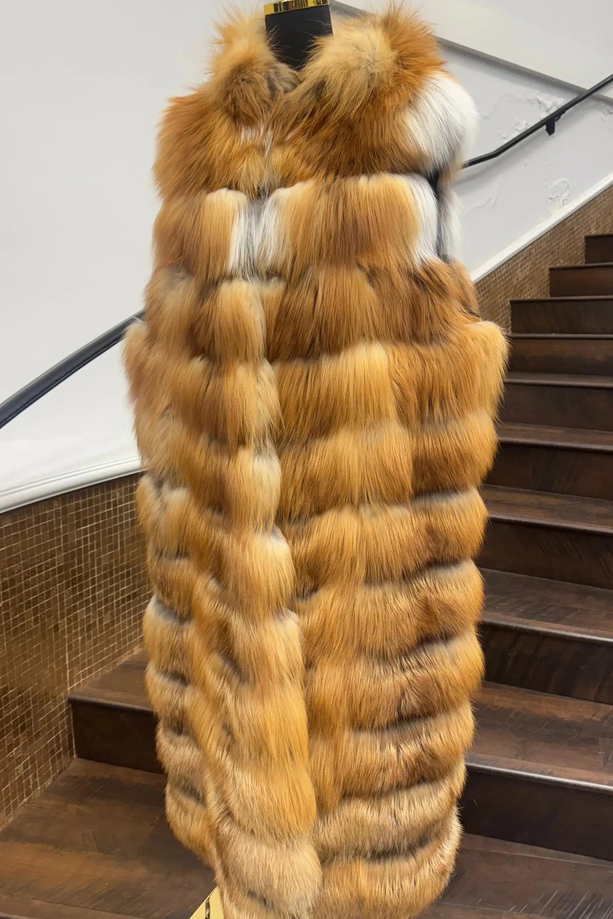 Vintage Horizontal Red Fox Long Vest with Hood