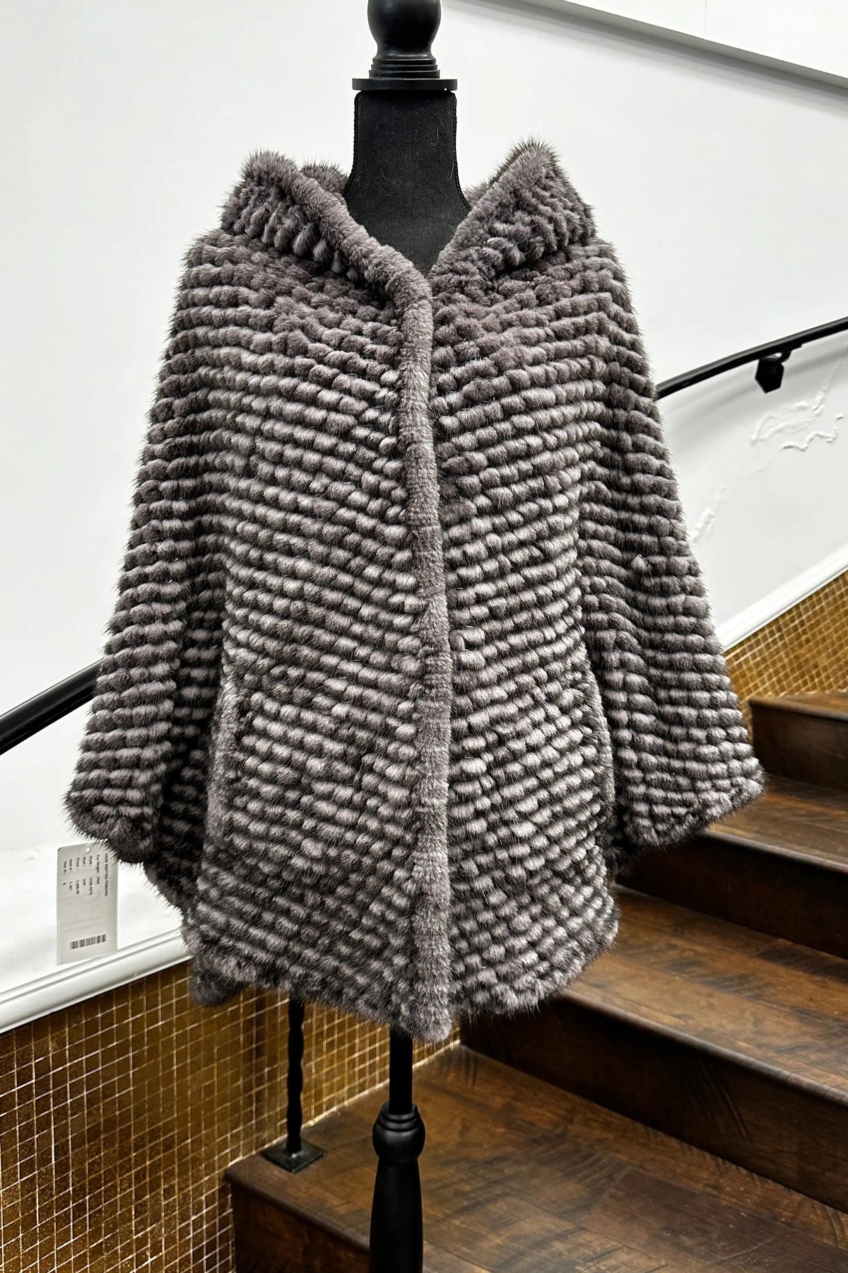 Vintage Knitted Grey Mink Cape with Hood