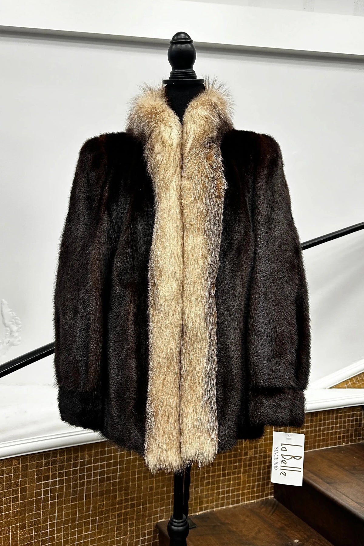 Vintage Mahogany Mink Jacket with Fox Tuxedo Trim