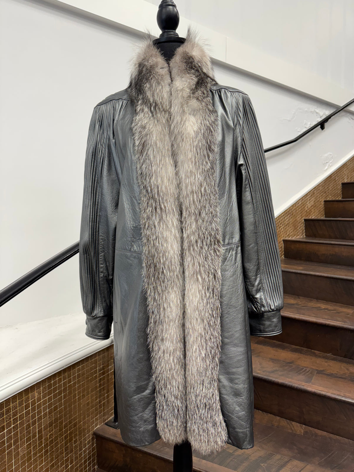 Vintage Silver Leather Coat with Fox Tuxedo
