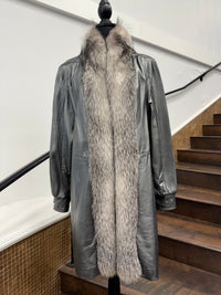Vintage Silver Leather Coat with Fox Tuxedo