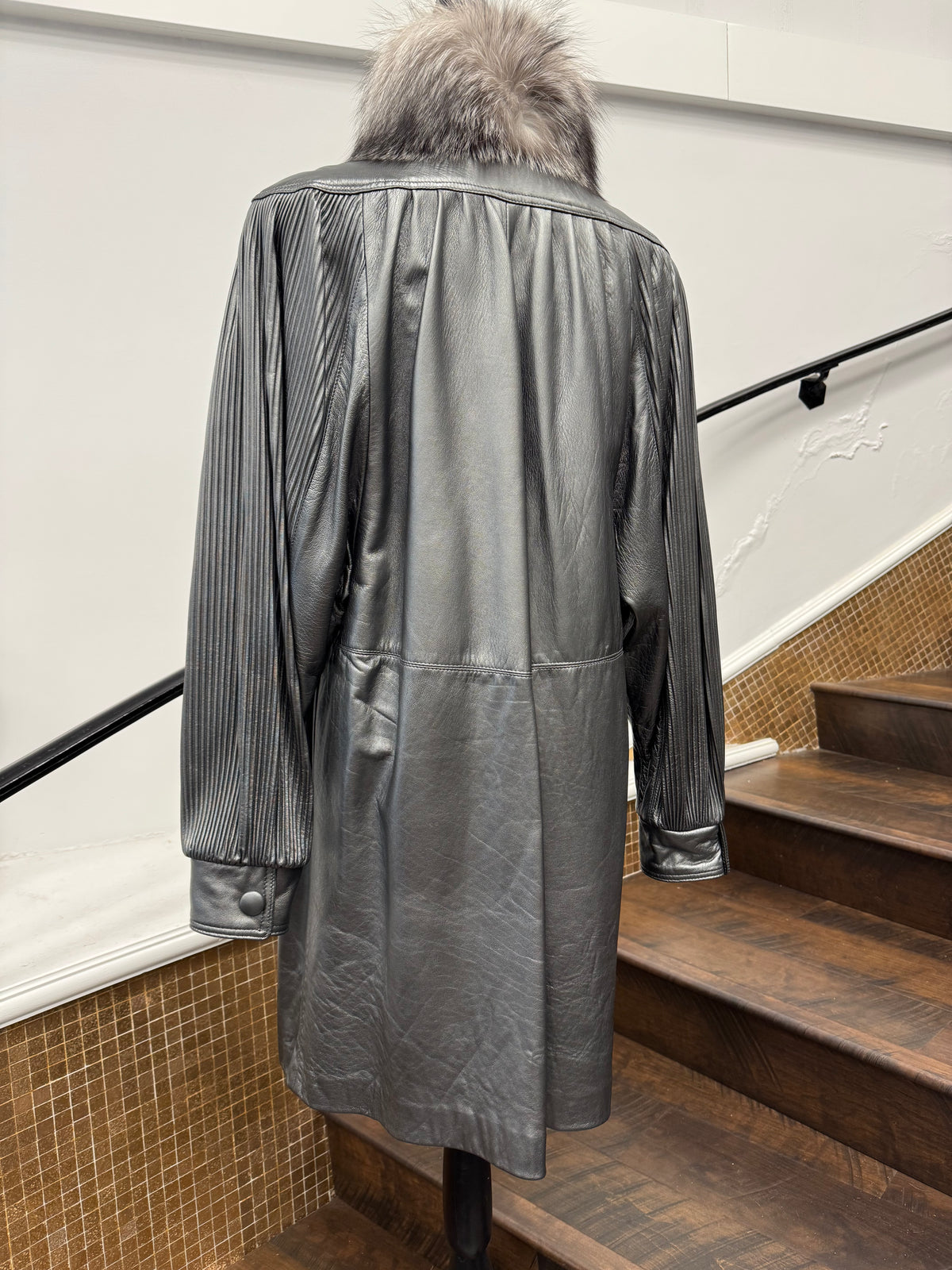 Vintage Silver Leather Coat with Fox Tuxedo