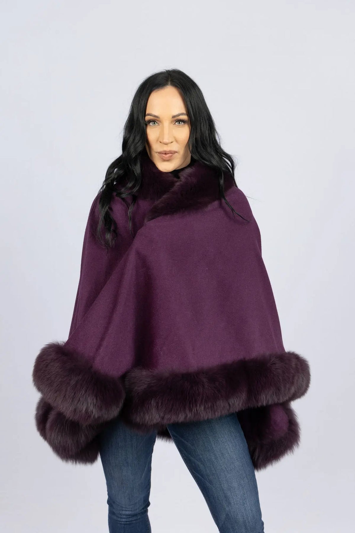 LaBelle Since 1919 Violet 100% Cashmere Cape with Fox Trim