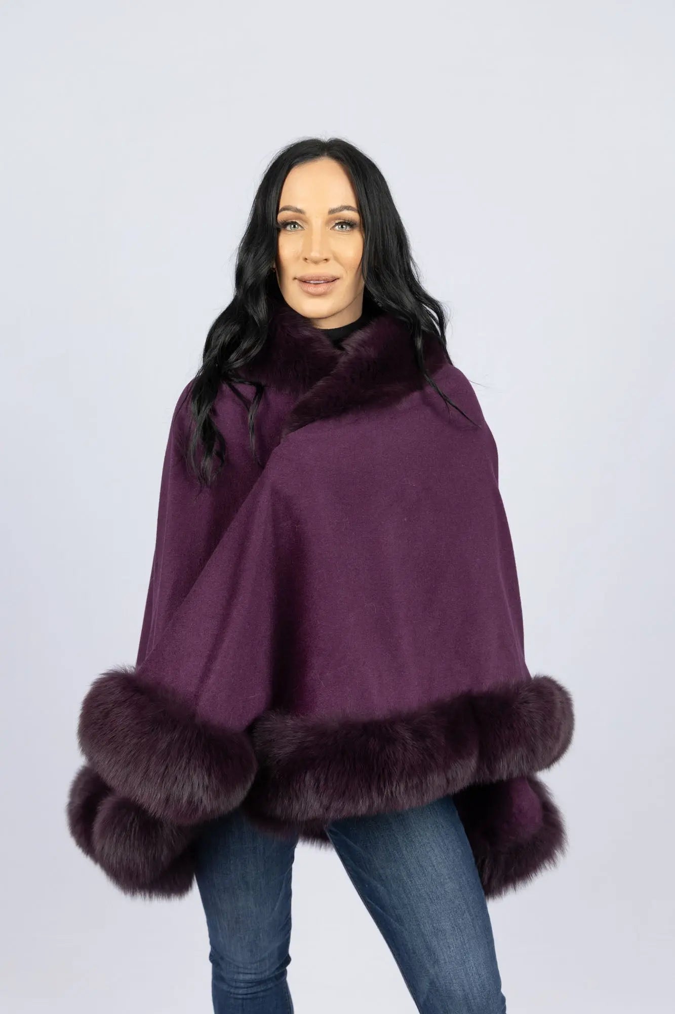 Violet 100% Cashmere Cape with Fox Trim