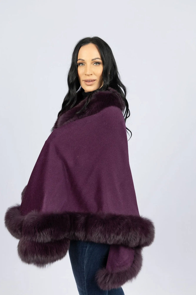 Violet 100% Cashmere Cape with Fox Trim