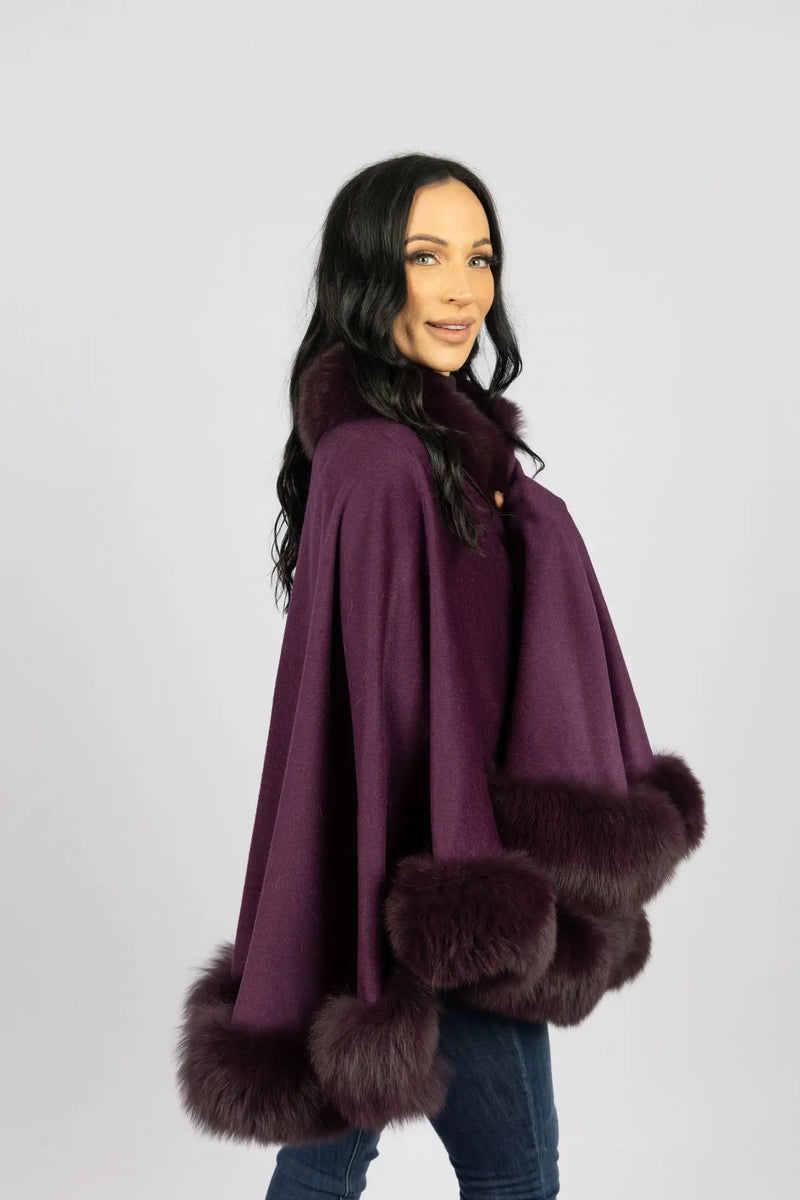 Violet 100% Cashmere Cape with Fox Trim