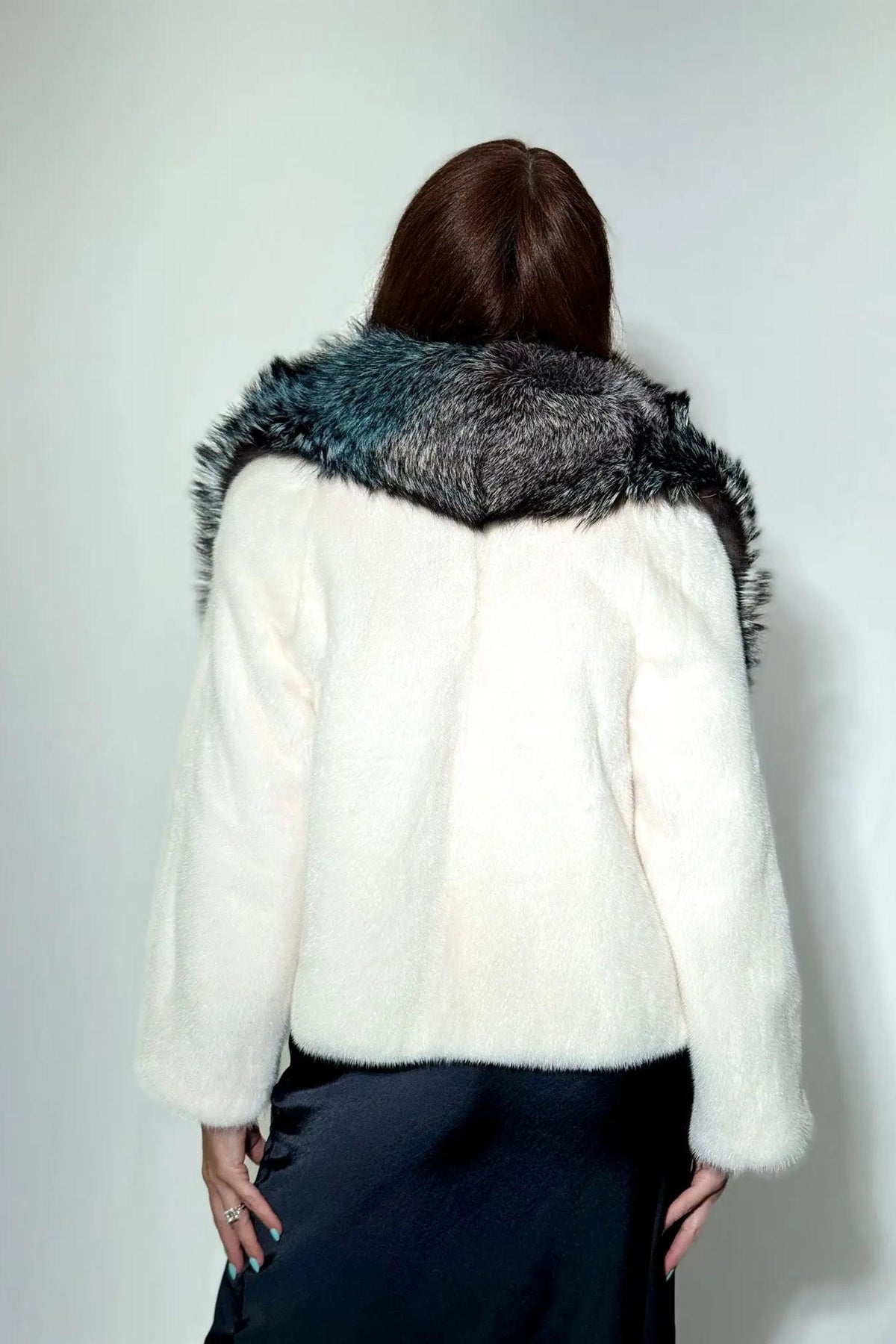 White Mink Jacket with Multicolor Fox Trim