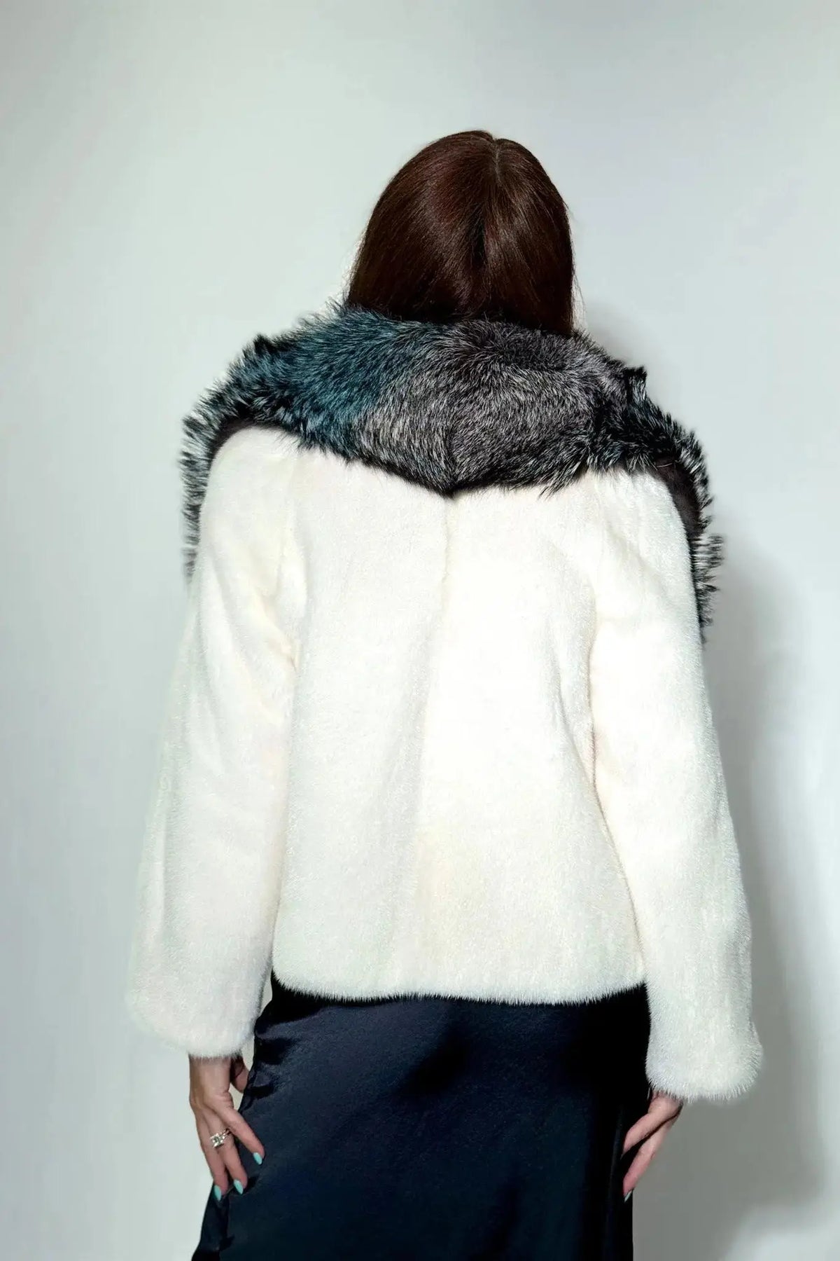 White Mink Jacket with Multicolor Fox Trim