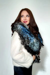 White Mink Jacket with Multicolor Fox Trim