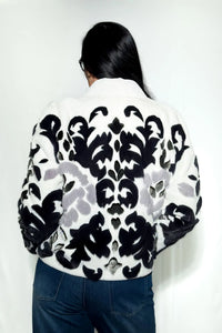White Sheared Mink V-Neck Jacket with Silver Floral Design