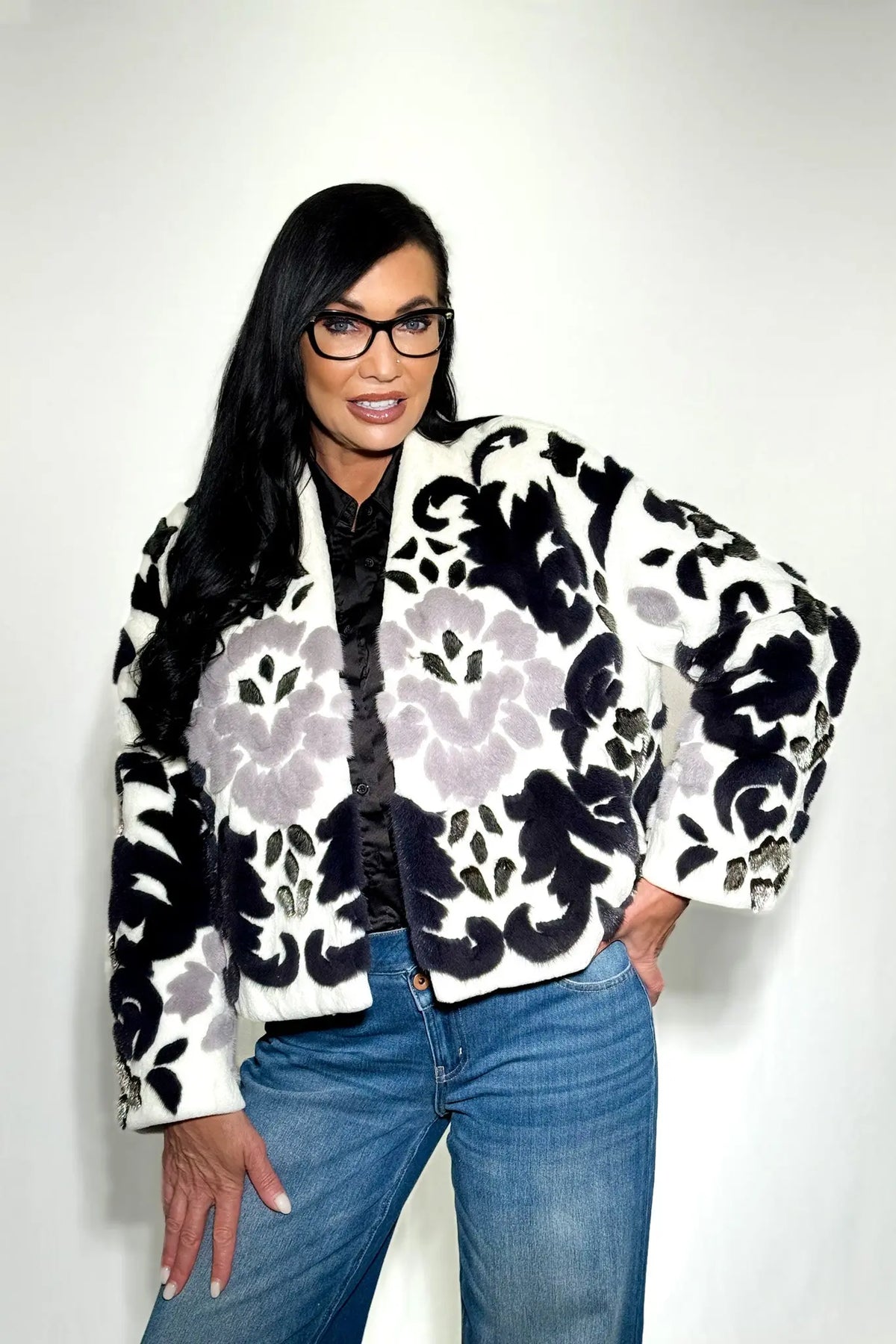 White Sheared Mink V-Neck Jacket with Silver Floral Design