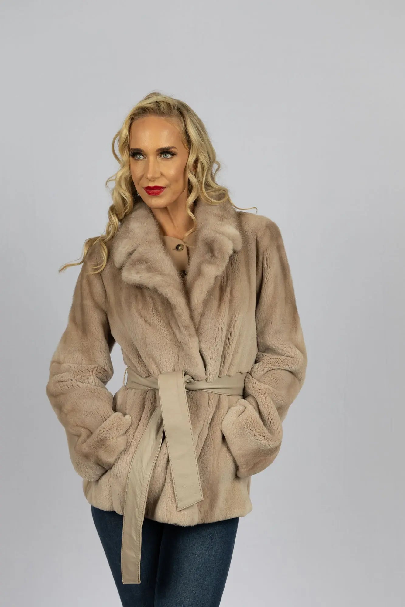 Semi-Sheared Mink Jacket in Silver Rose w/ Leather belt