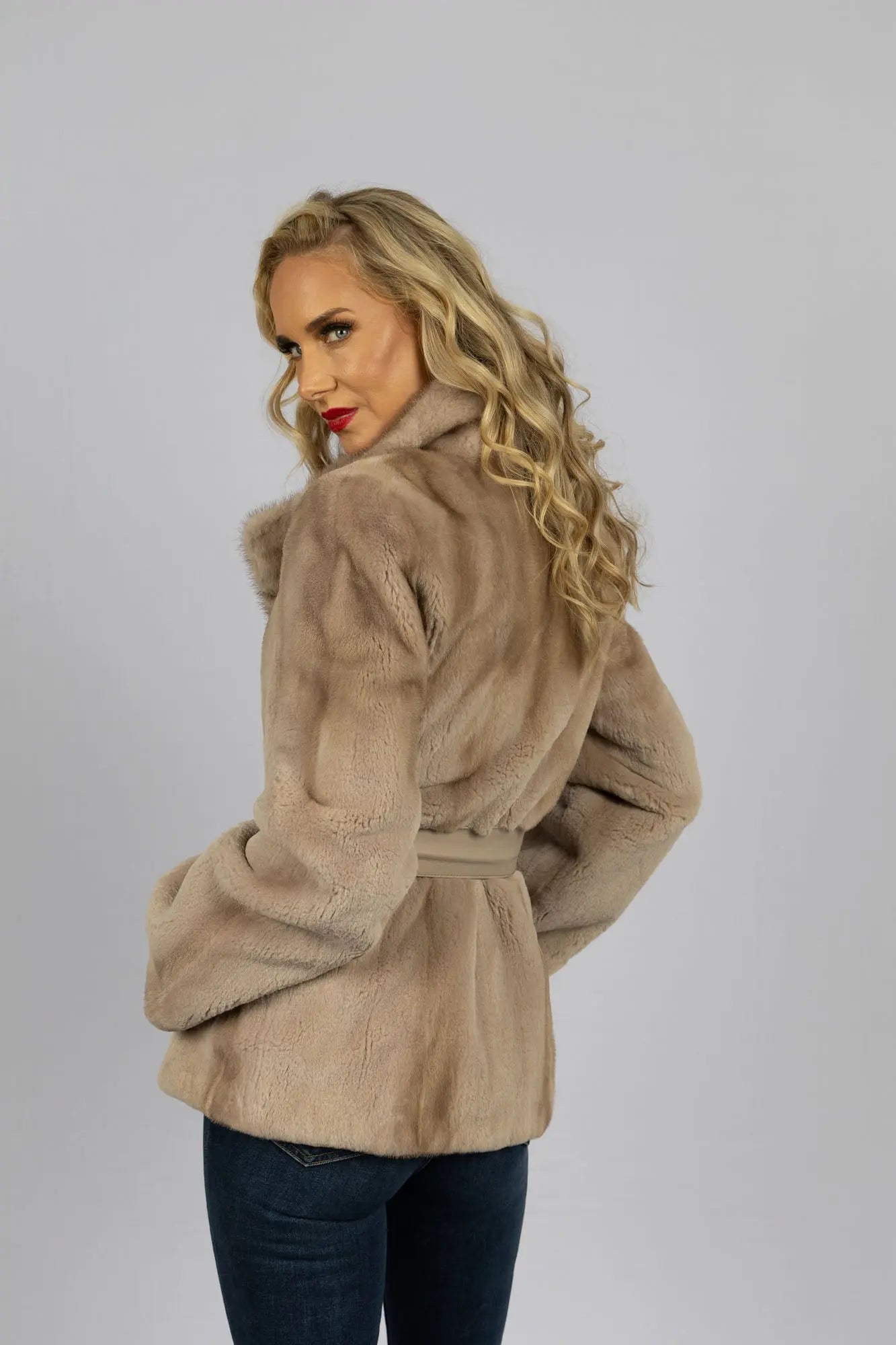 Semi-Sheared Mink Jacket in Silver Rose w/ Leather belt