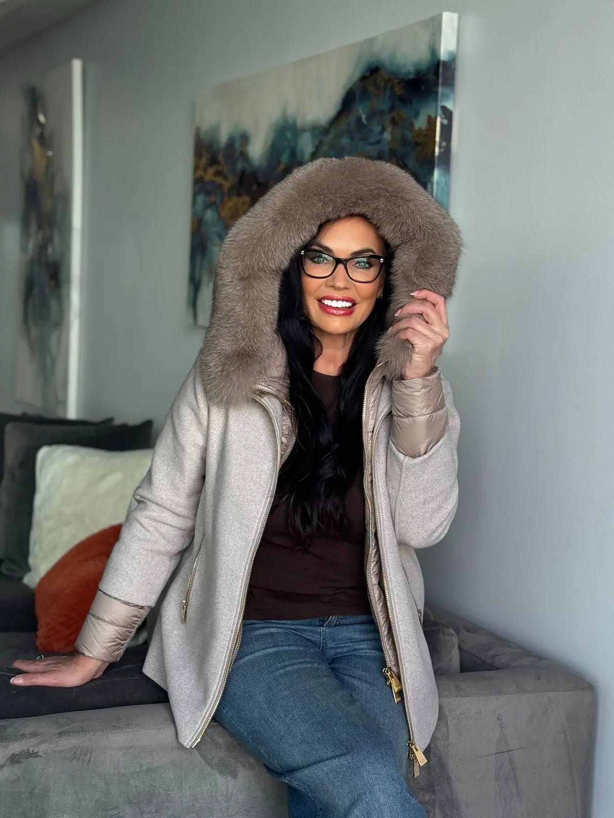 Coffee Parka Jacket with Hood and Fox Trim