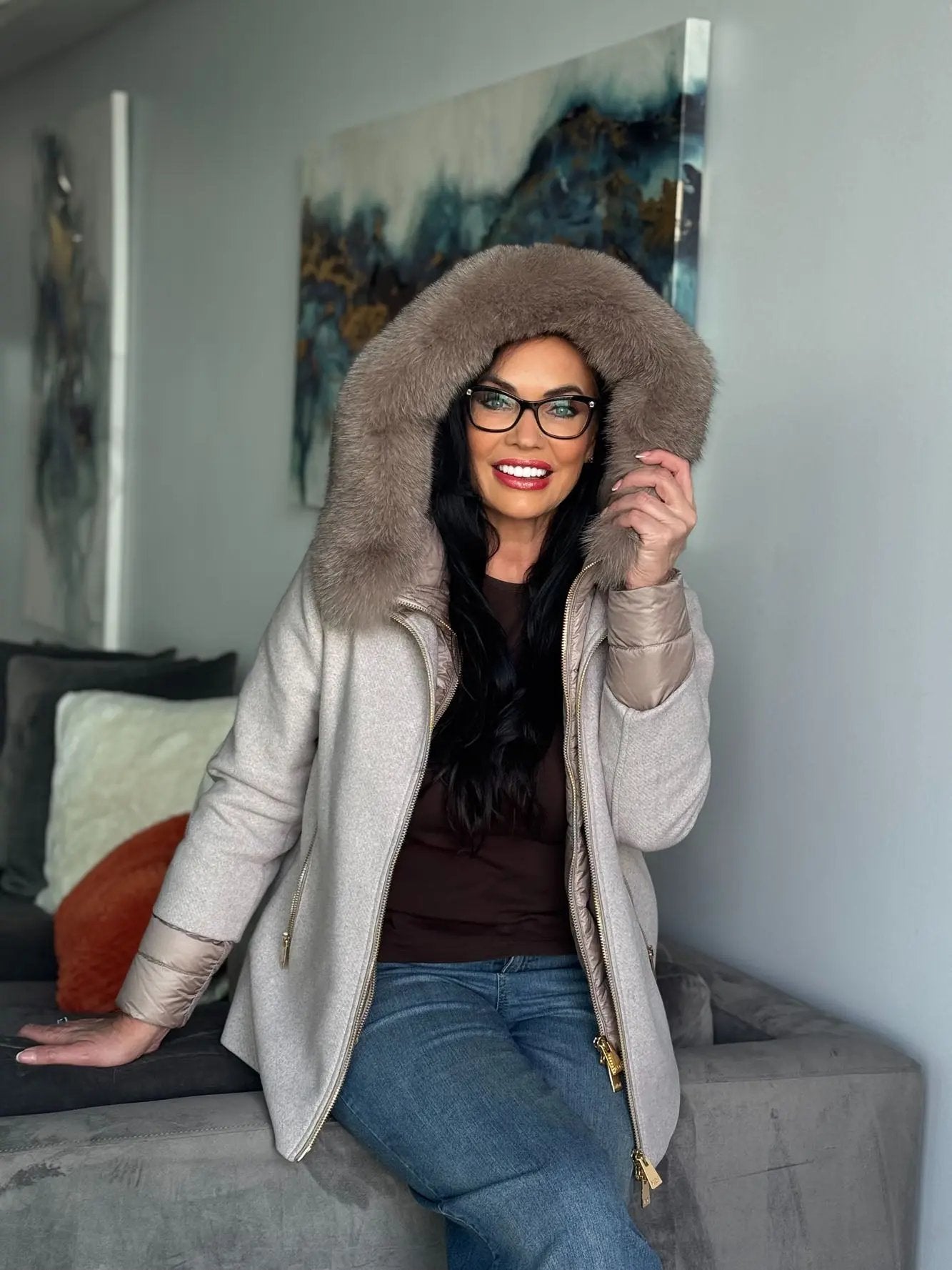 Coffee Parka Jacket with Hood and Fox Trim