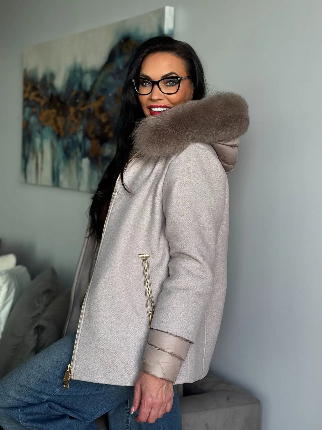 Coffee Parka Jacket with Hood and Fox Trim