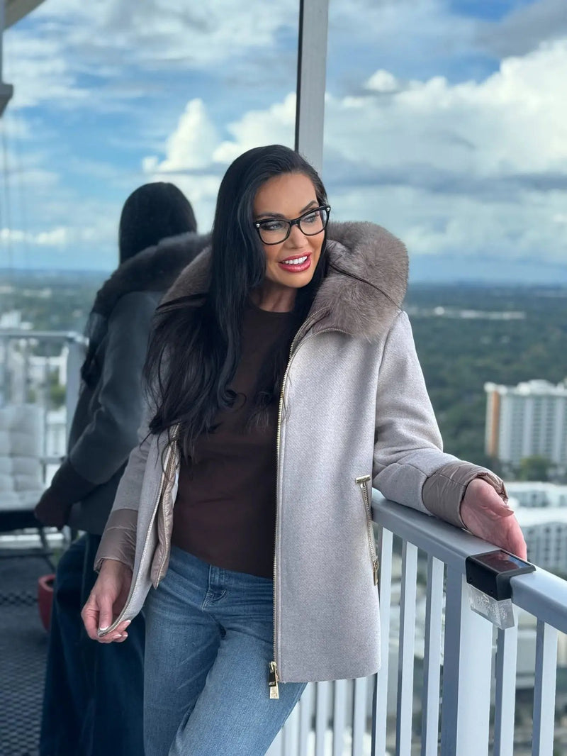 Coffee Parka Jacket with Hood and Fox Trim