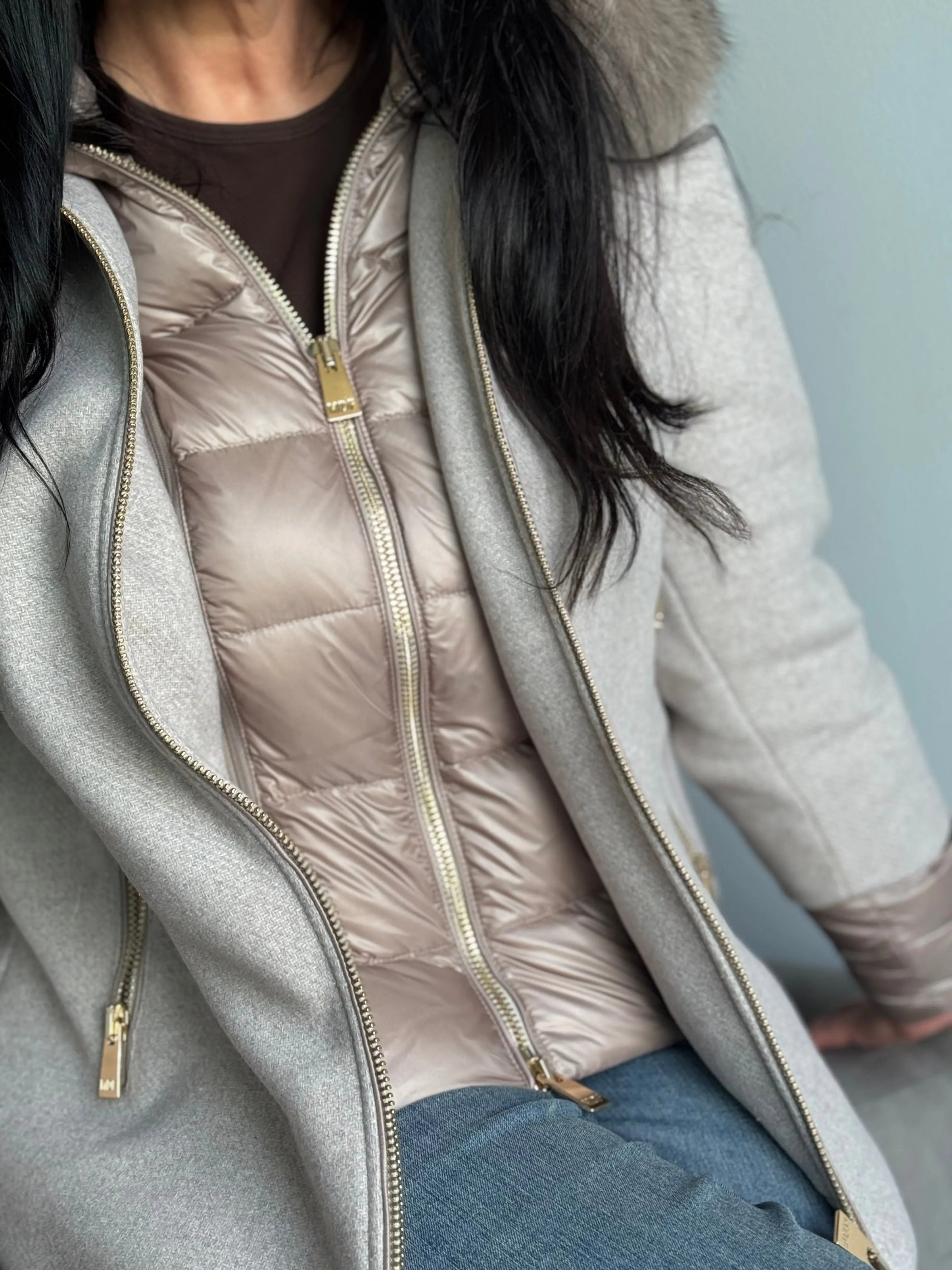 Coffee Parka Jacket with Hood and Fox Trim