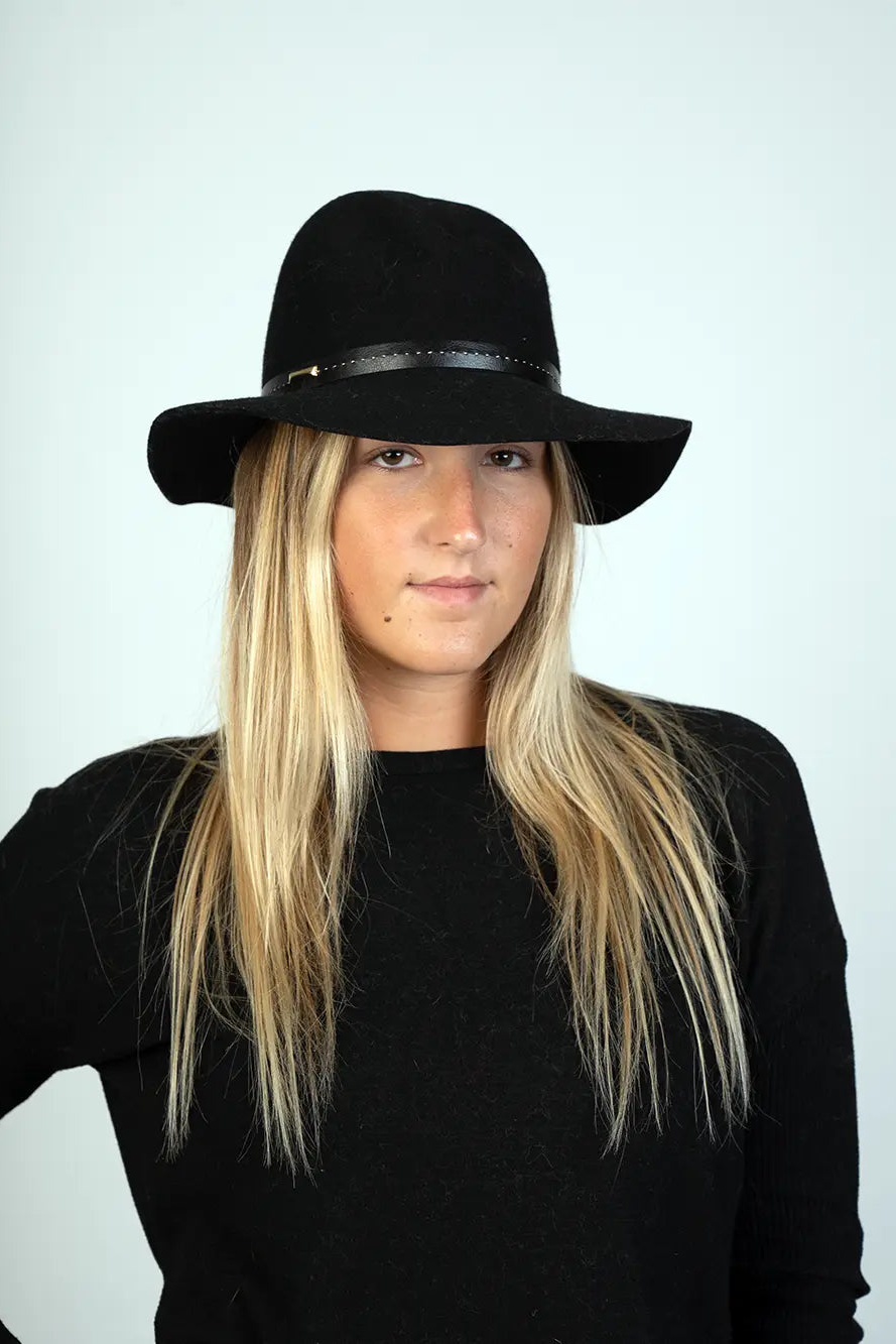 Black Wool Floppy Hat with Metal Detail