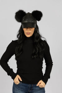 Black Leather Baseball Cap with 2 Fox Poms