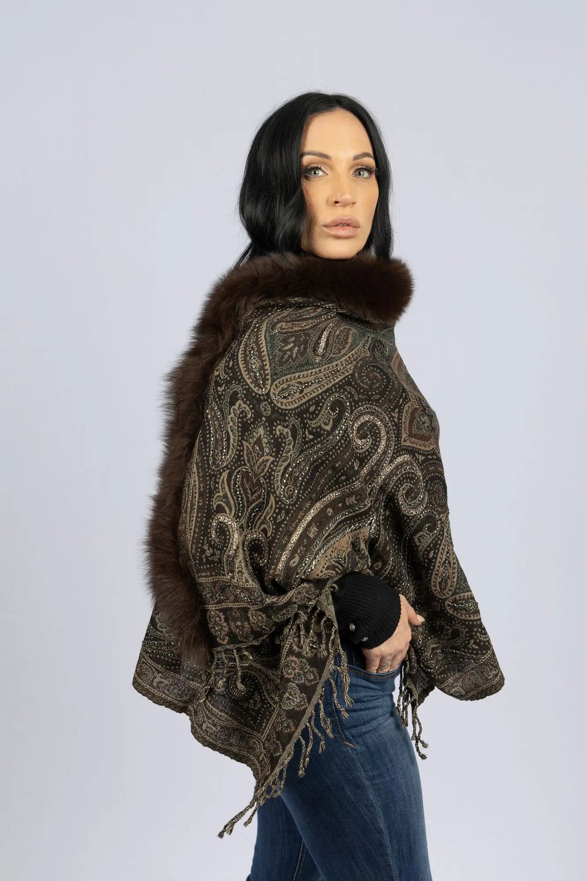 Brown Woven Shawl with Paisley Design, Crystals, Embroidery, and Fox Fur Trim